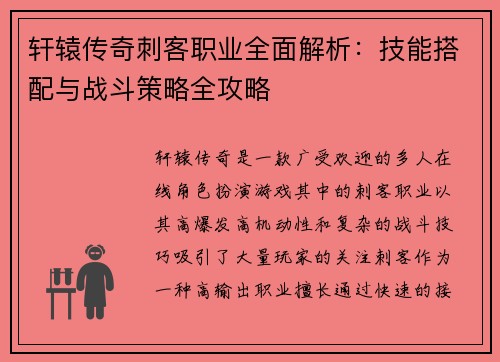 轩辕传奇刺客职业全面解析：技能搭配与战斗策略全攻略