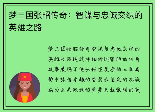 梦三国张昭传奇：智谋与忠诚交织的英雄之路